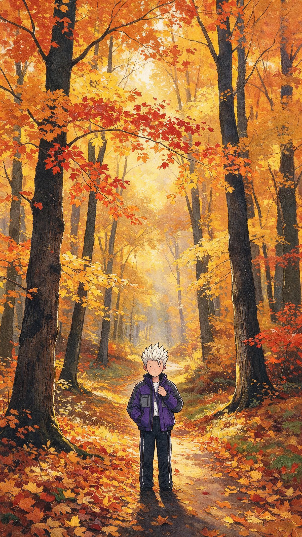 A narrow, winding dirt path disappears into a dense autumn forest during the gol — After