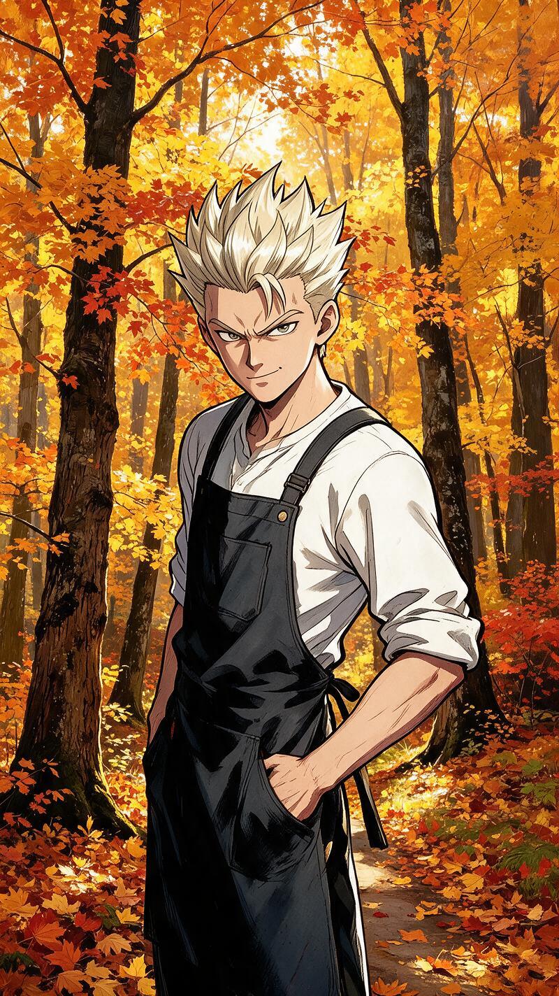 A young man with spiked platinum blonde hair wearing a purple and charcoal tacti — After