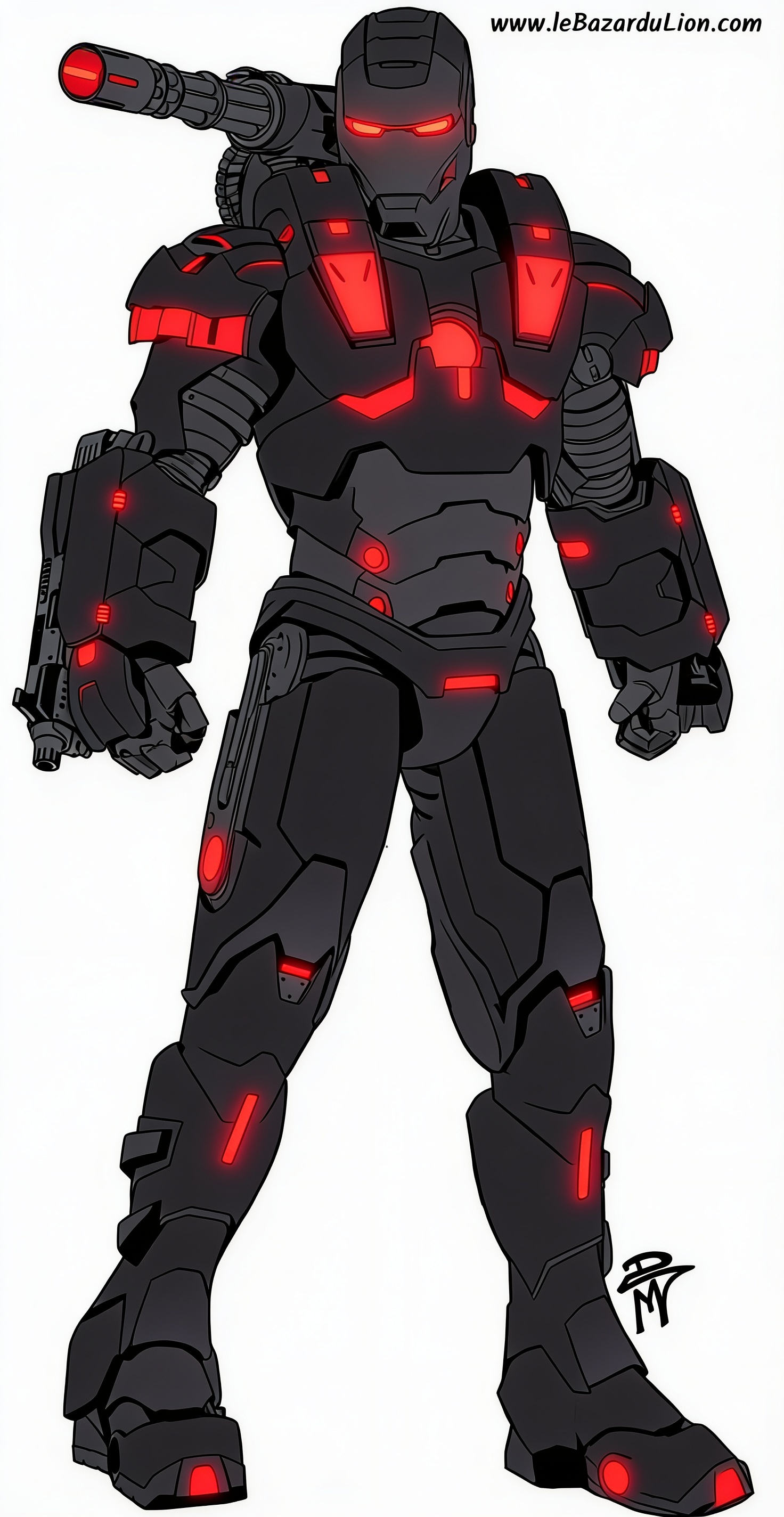 Color the armor matte black, add glowing bright red lights and red details, keep — Nachher