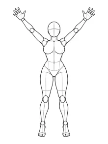 Standing on tiptoes, arms in V-shape