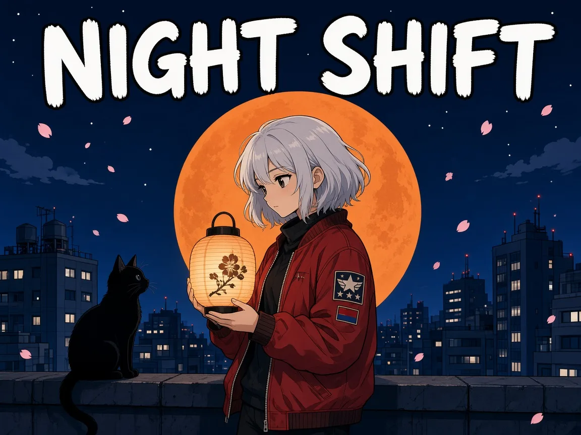 Flaches Animeposter mit Mädchen, Laterne, schwarzer Katze, Mond und Titel NIGHT SHIFT vor der Ebenentrennung