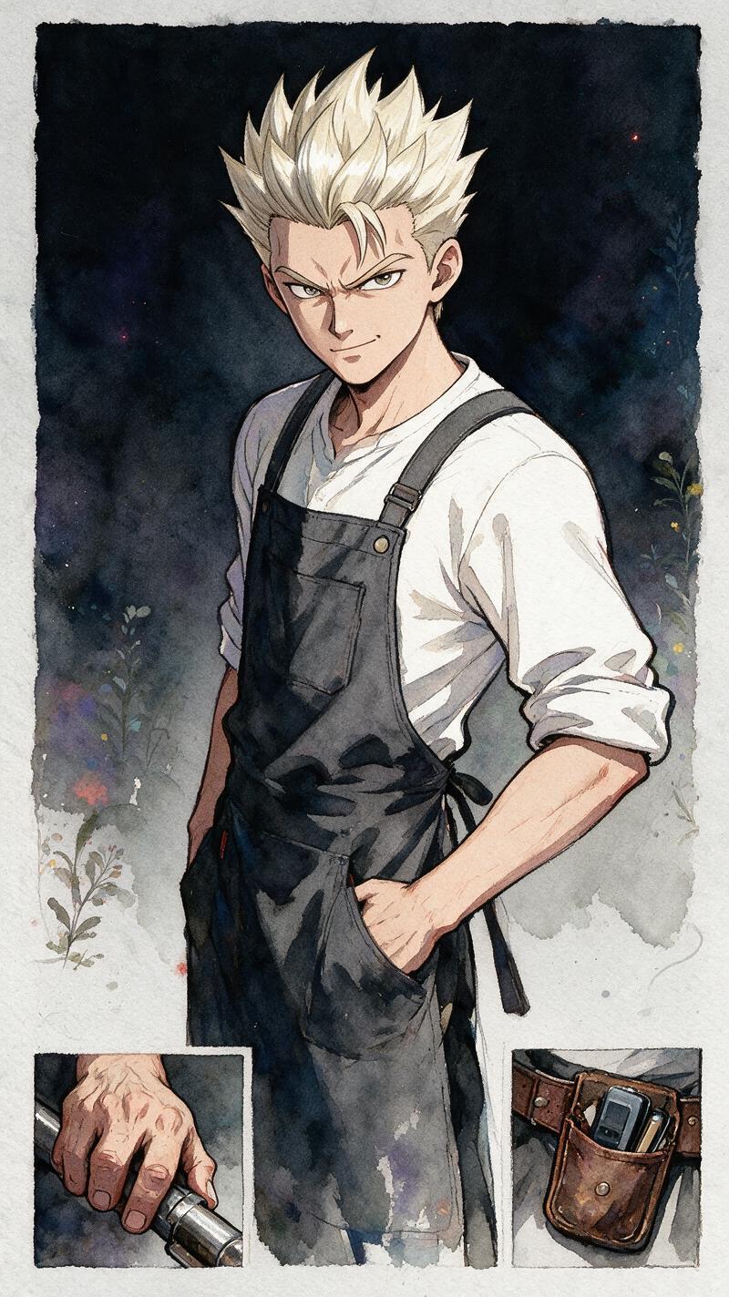 A young man with spiked platinum blonde hair wearing a purple and charcoal tacti — Before
