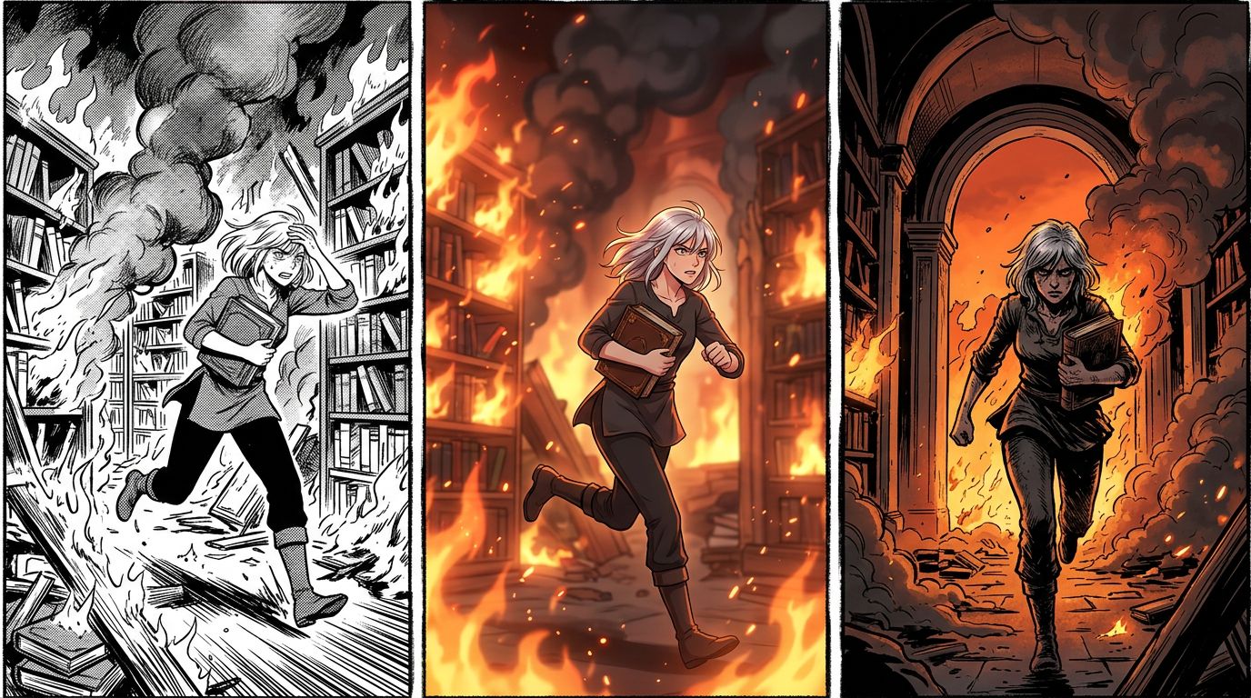 three-panel comparison showing the same burning archive scene generated in manga style webtoon style and western comic style