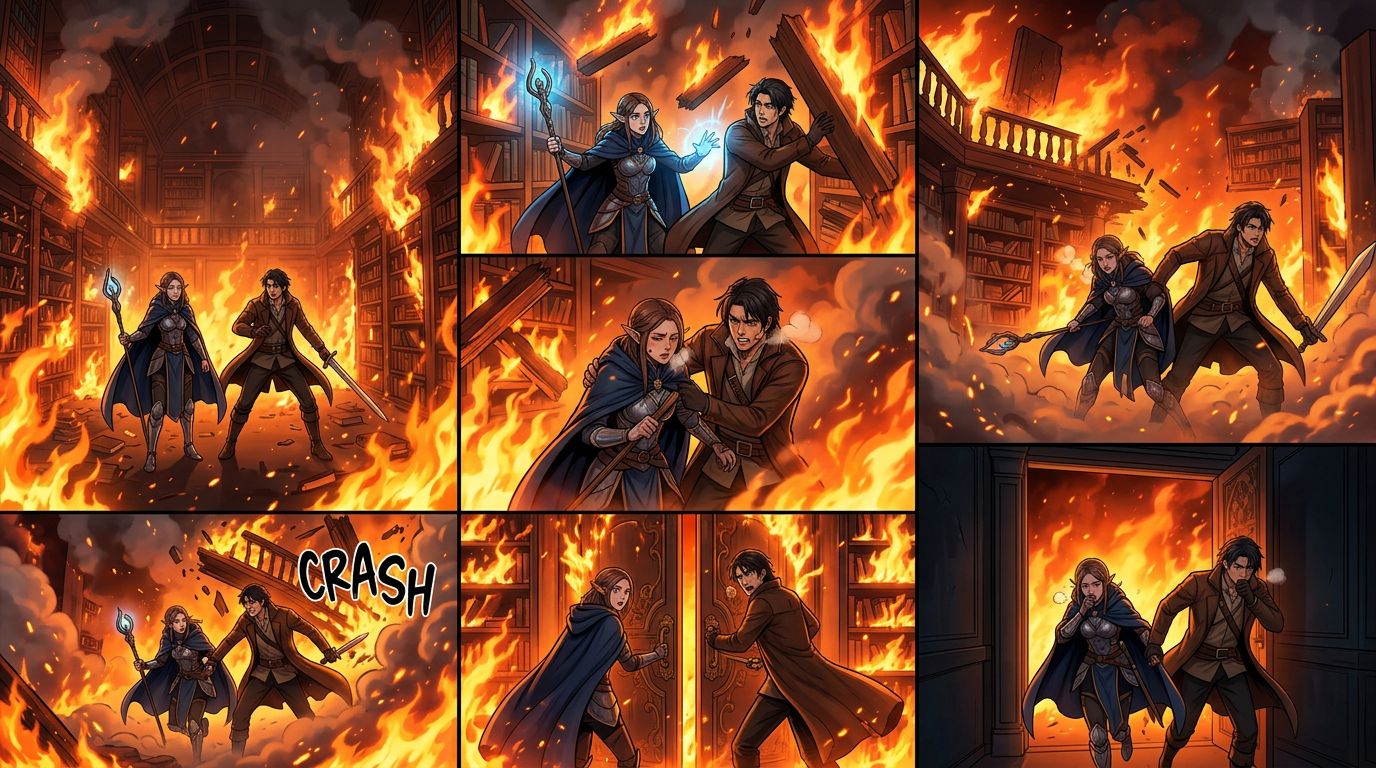 webtoon vertical scroll panel sequence showing a fantasy scene with two characters in a burning library Korean webtoon full-color style six panels stacked verti