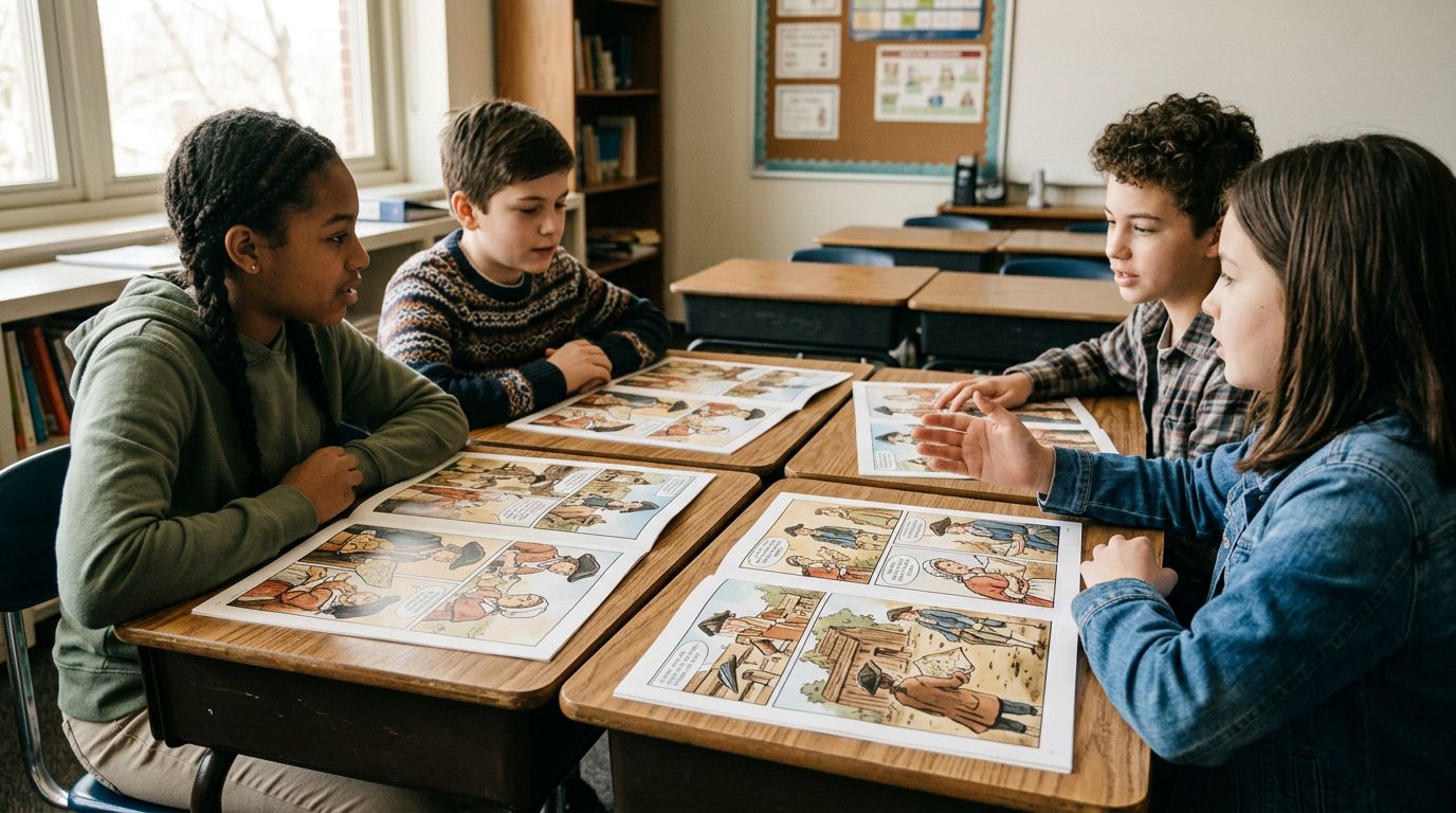 teacher and students reviewing a printed comic about the American Revolution