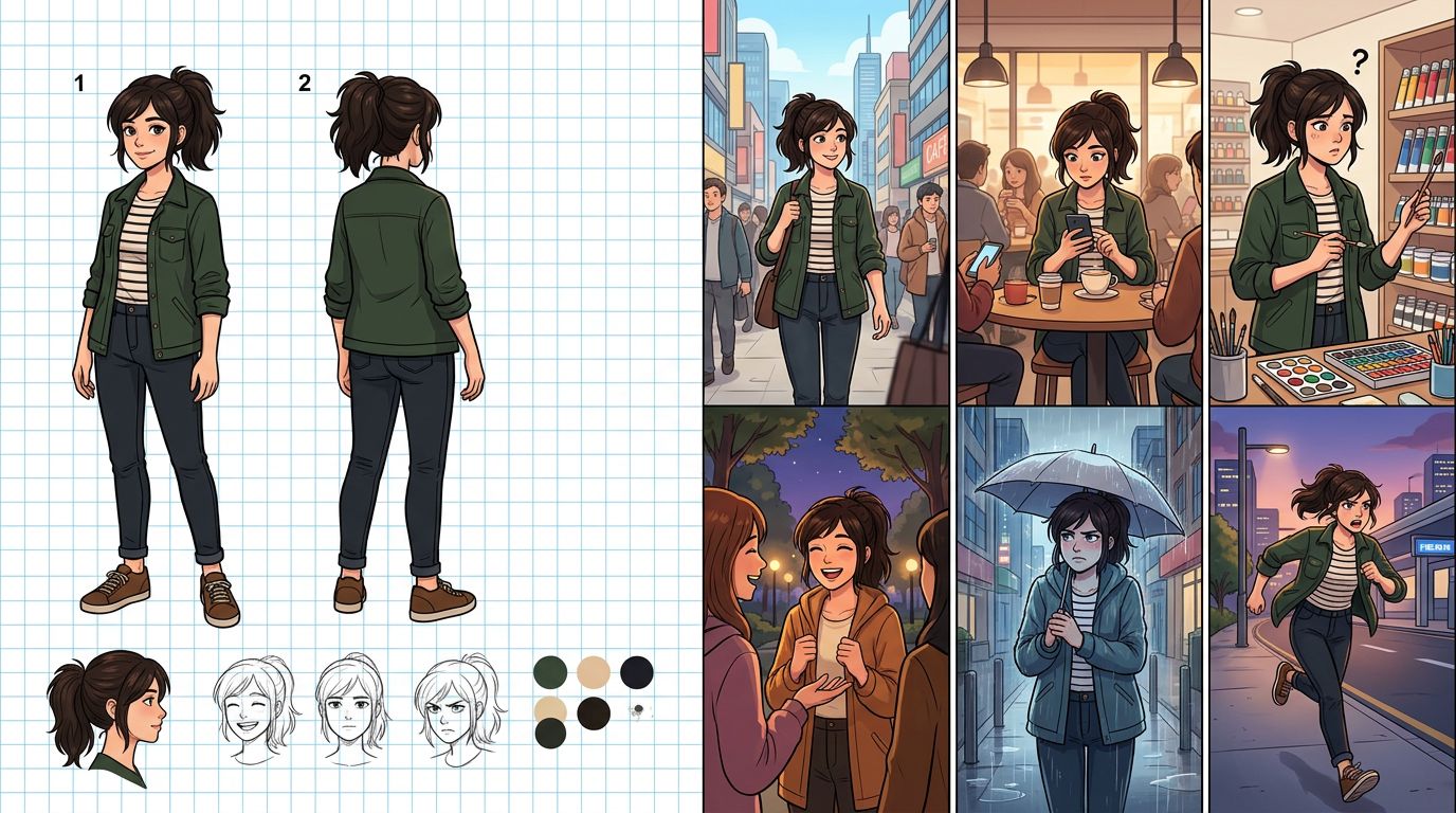 A locked character reference sheet next to a six-panel webtoon sequence showing the same character consistently