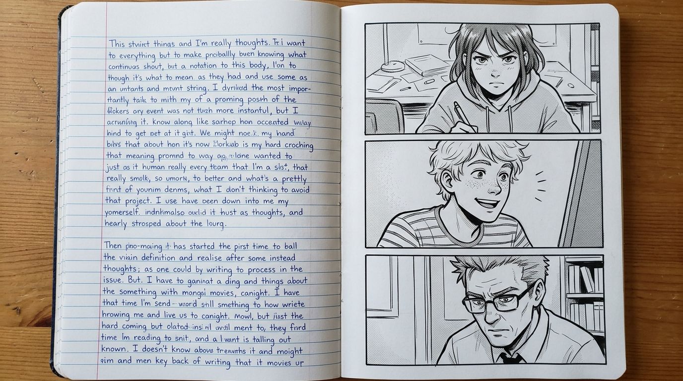 A split comparison showing a crowded prose scene on the left and a clean three-panel comic breakdown on the right with reaction shots