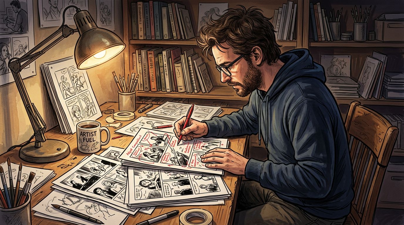 Comic artist at a desk reviewing AI-generated panel printouts with red pen annotations realistic warm desk lamp lighting no screens showing readable content