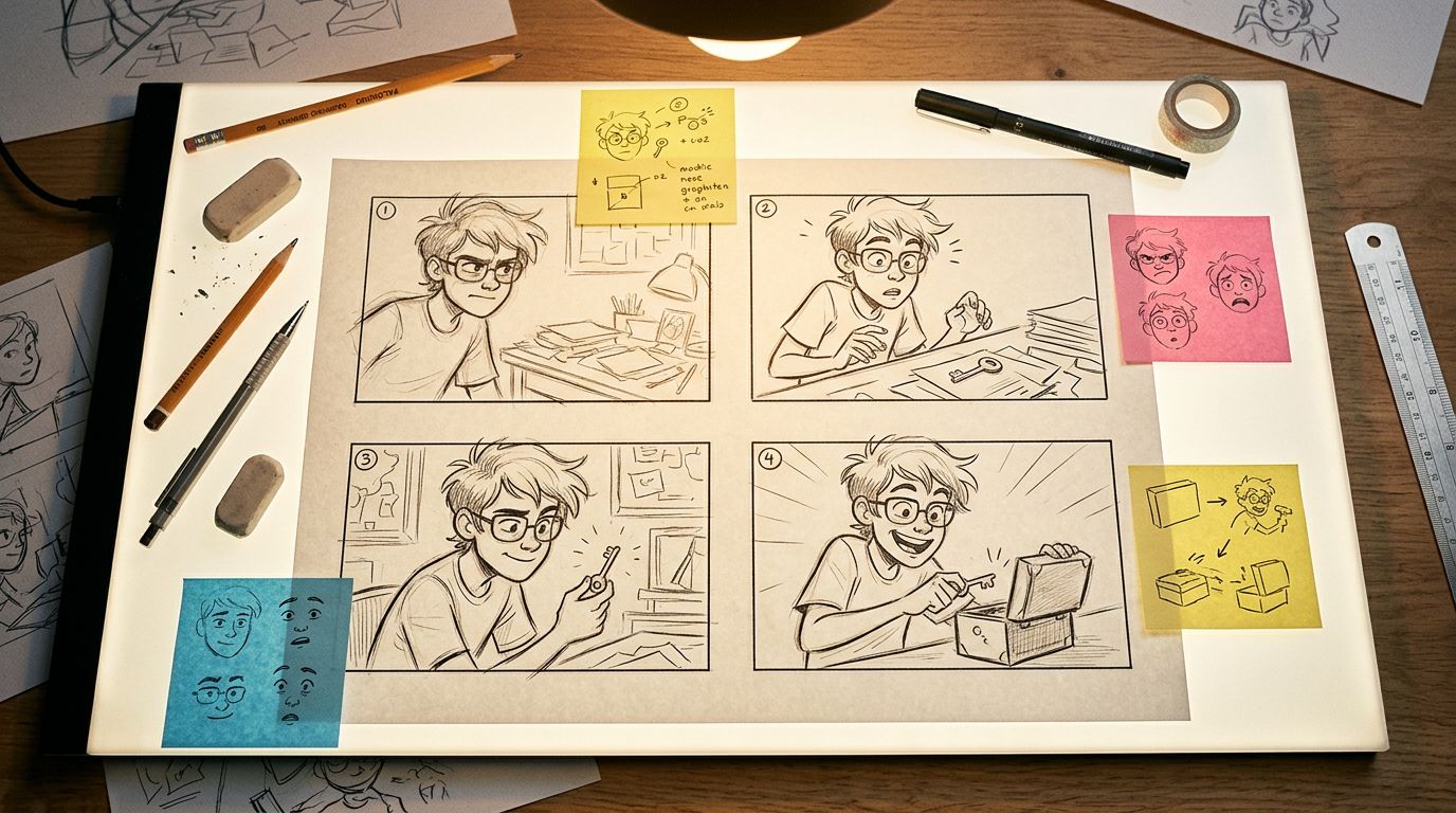 Four-panel comic strip storyboard laid out on a light table with sticky notes indicating panel descriptions and character expressions