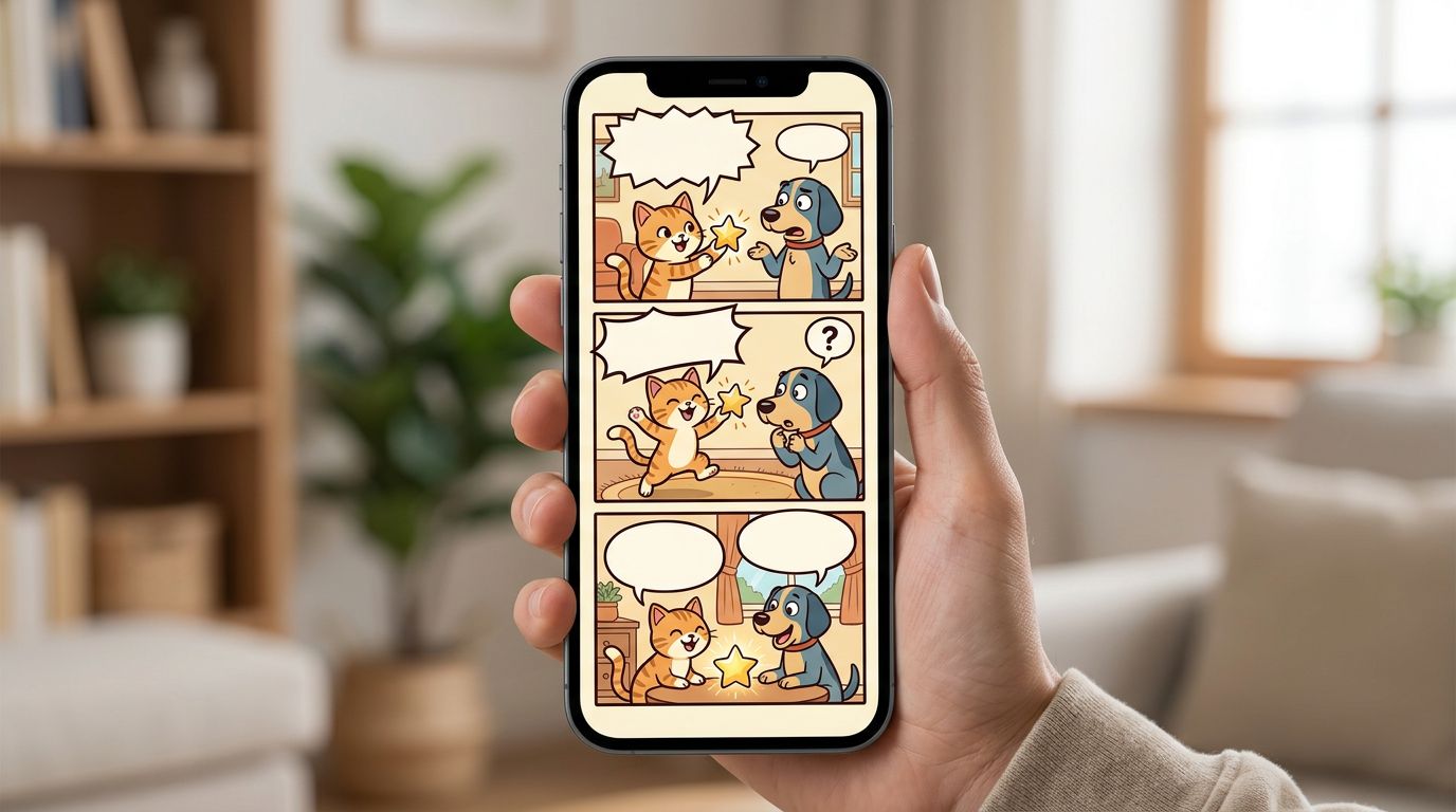 Three-panel vertical comic strip displayed on a phone screen with bold speech bubbles and a punchline final panel