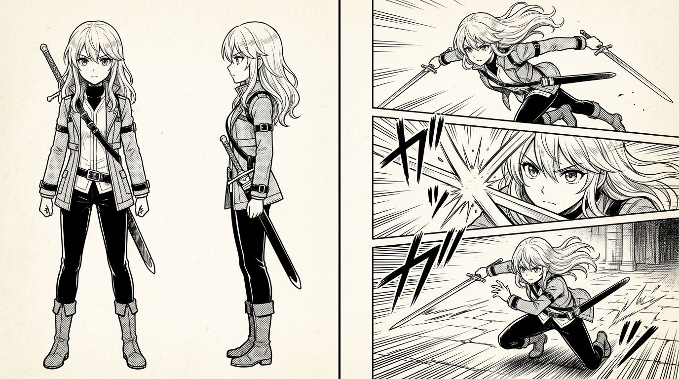 locked character sheet next to a finished manga page showing the same character in three panels