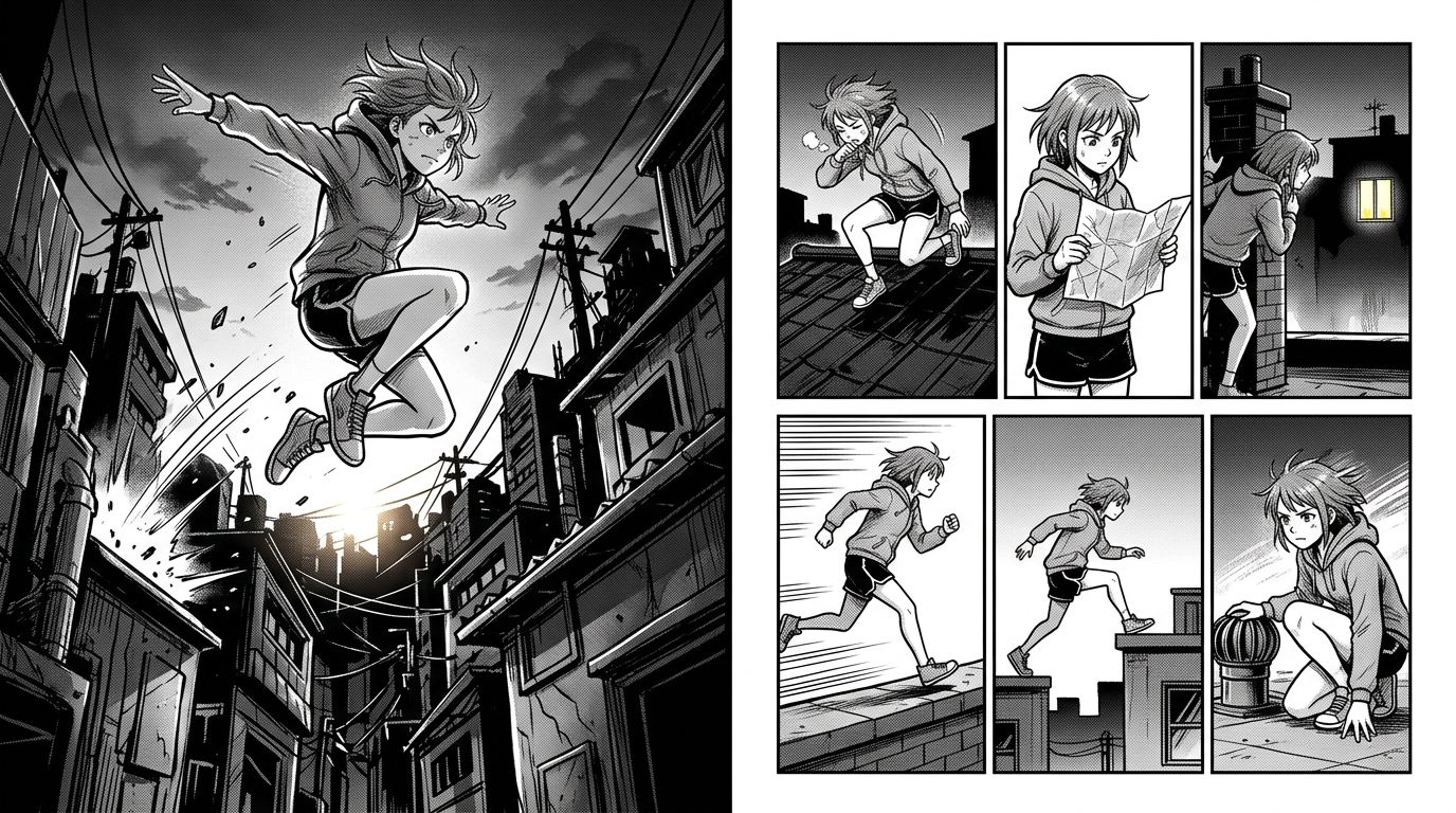 side-by-side comparison of a single AI manga prompt panel versus a full chapter storyboard grid