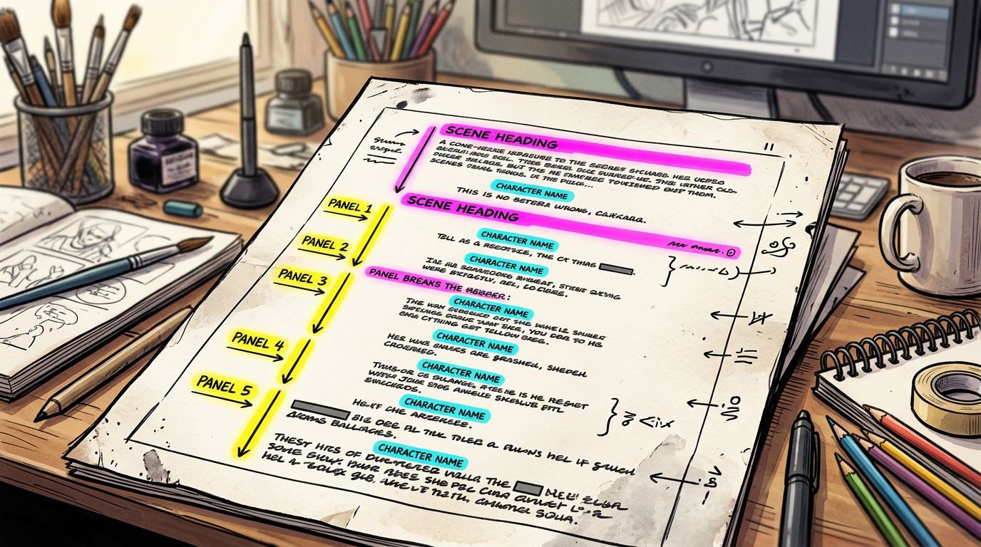 clean script page with highlighted scene headings and panel break markers