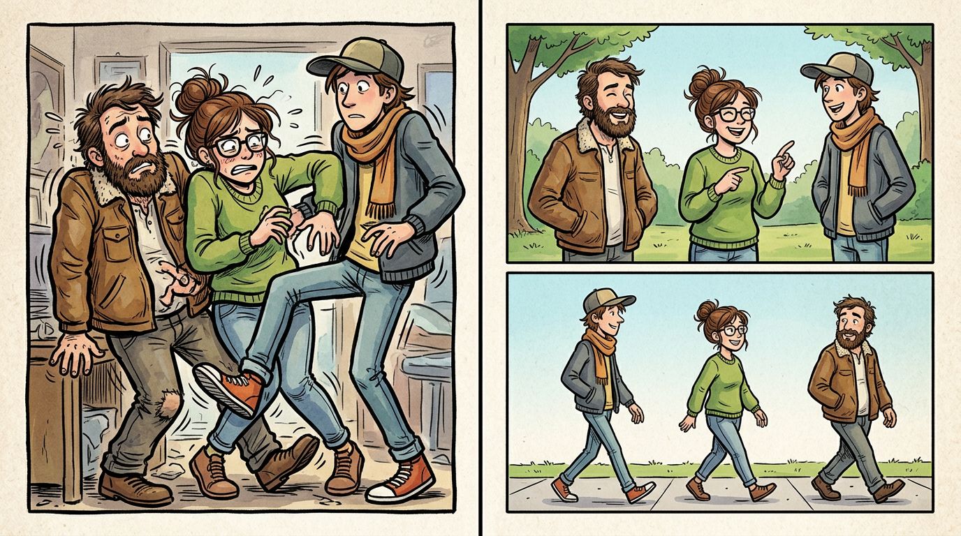 side-by-side comparison of a messy multi-character AI panel versus clean two-shot sequential panels