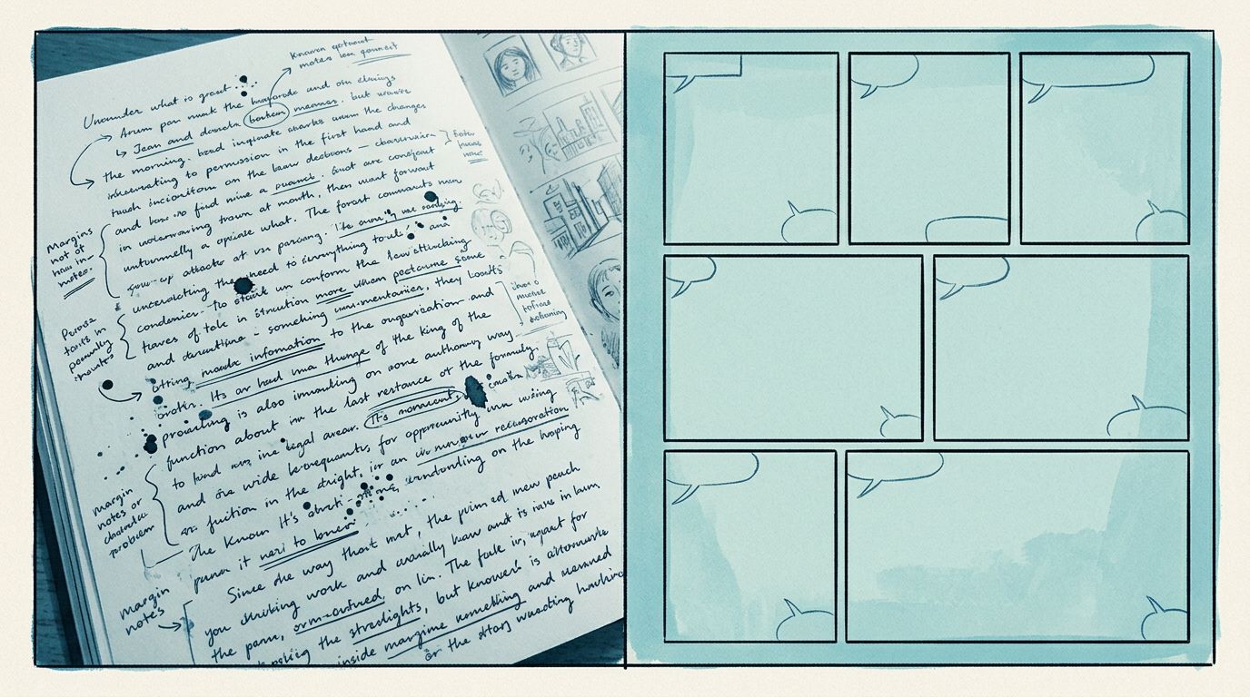 side-by-side comparison of a dense prose paragraph and a clean six-panel comic storyboard sequence derived from it