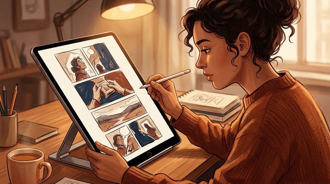 writer reviewing a six-panel storyboard sequence on a tablet comic panels visible on screen