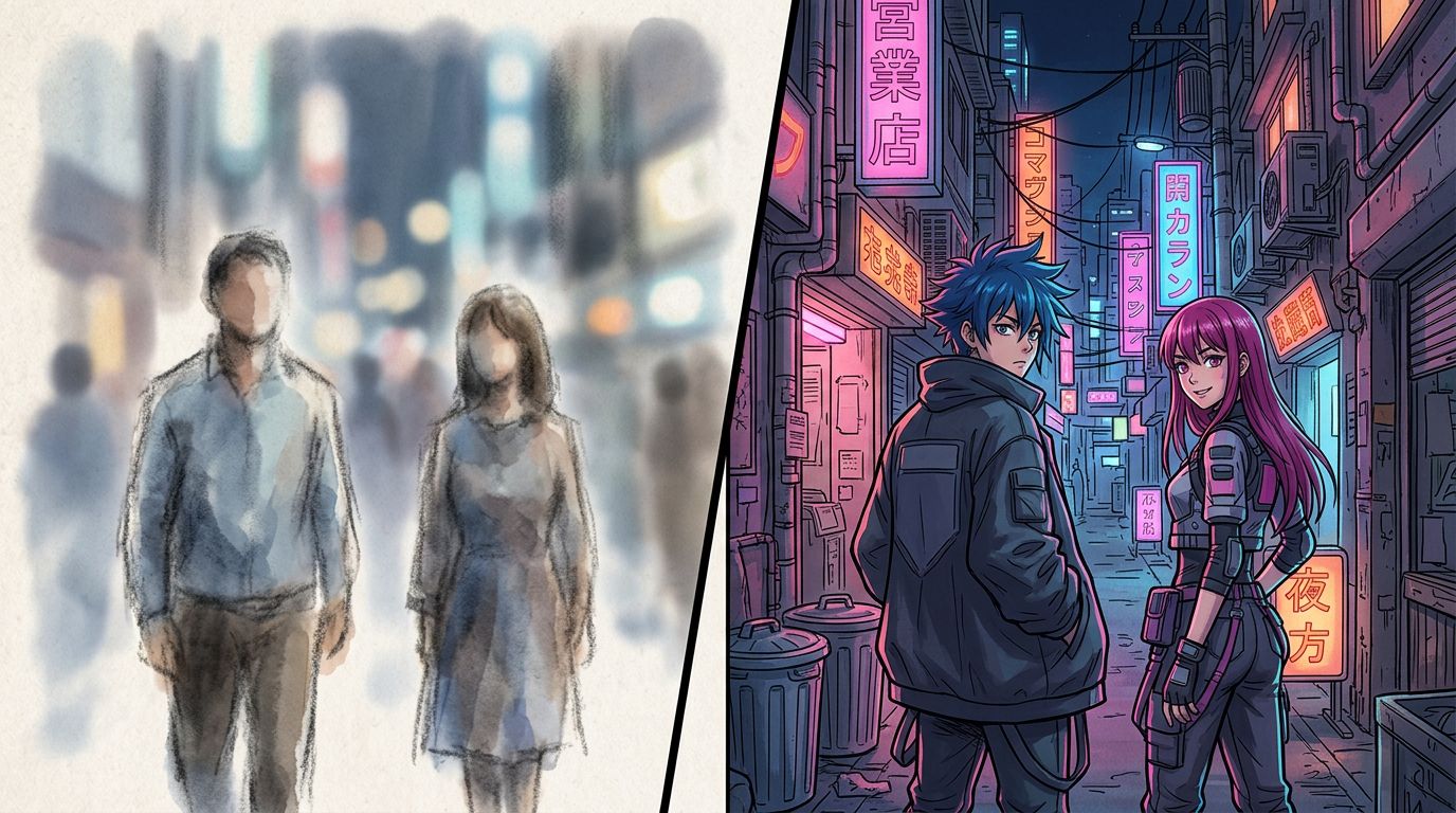side-by-side comparison of a vague webtoon panel versus a detailed one showing two characters in a rainy alley