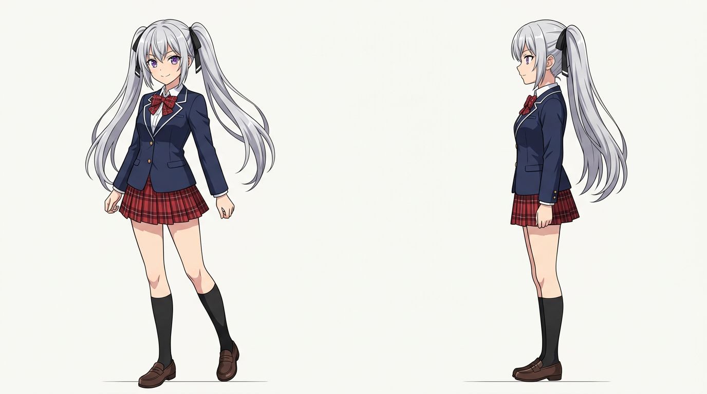 anime OC character sheet showing front side and expression views