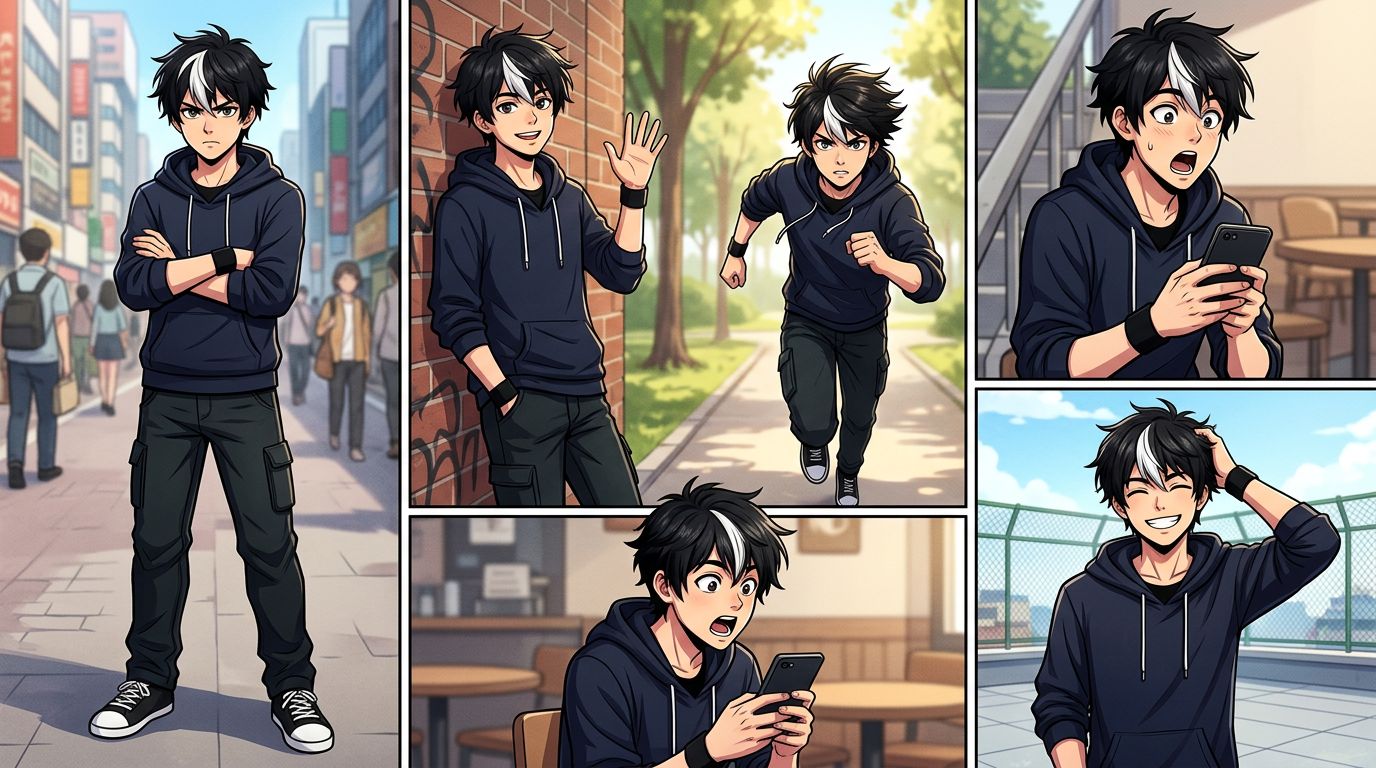 split screen showing a webtoon chapter with consistent anime character across six panels