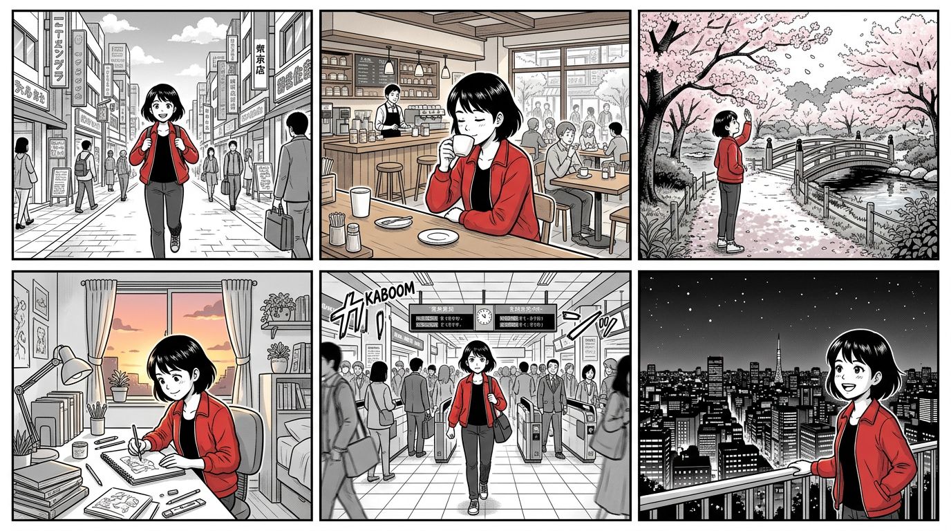 side-by-side comparison of character consistency across six comic panels