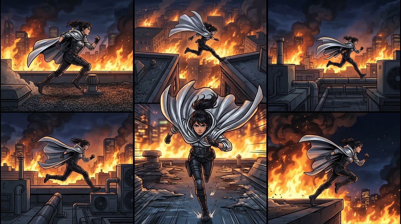 webtoon panel sequence showing a fantasy rooftop chase scene with consistent character design across five panels