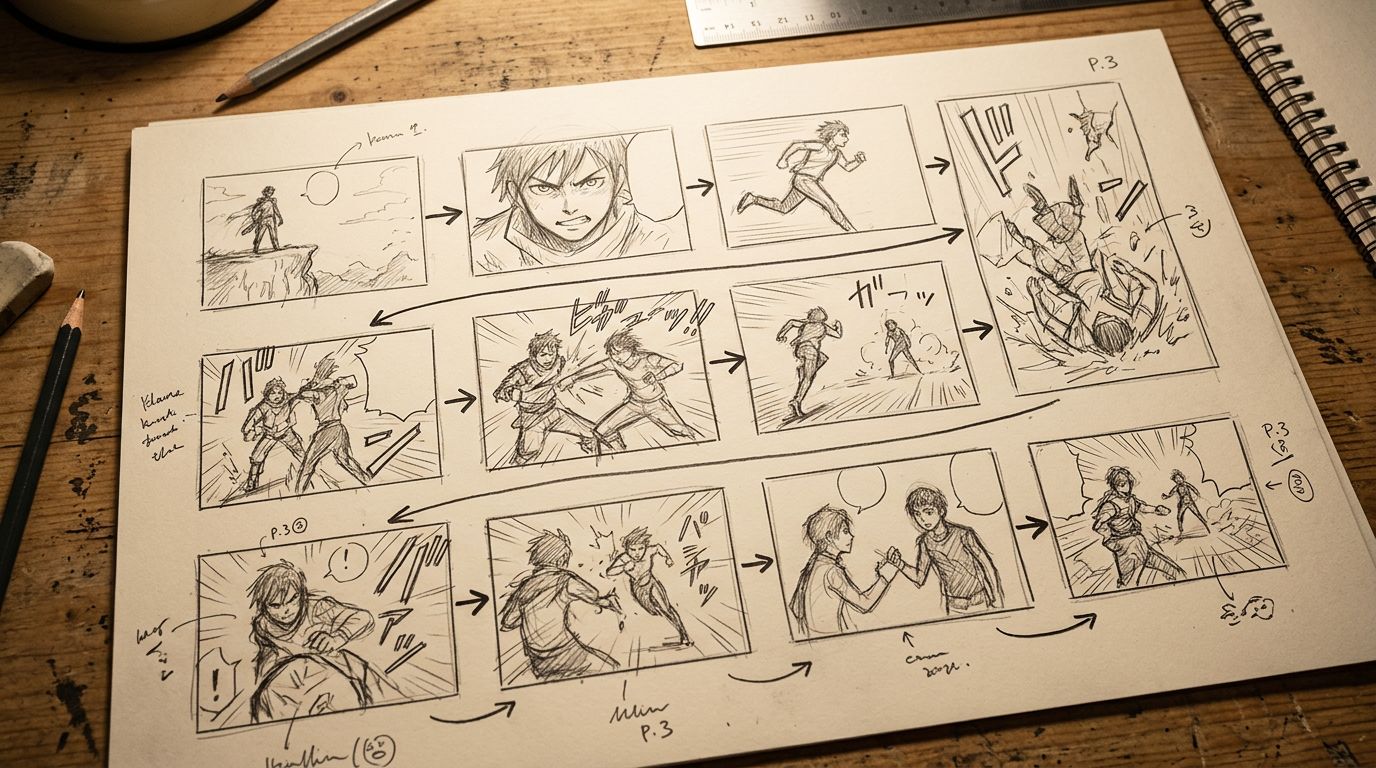 manga storyboard layout showing a chapter scene breakdown with panel annotations