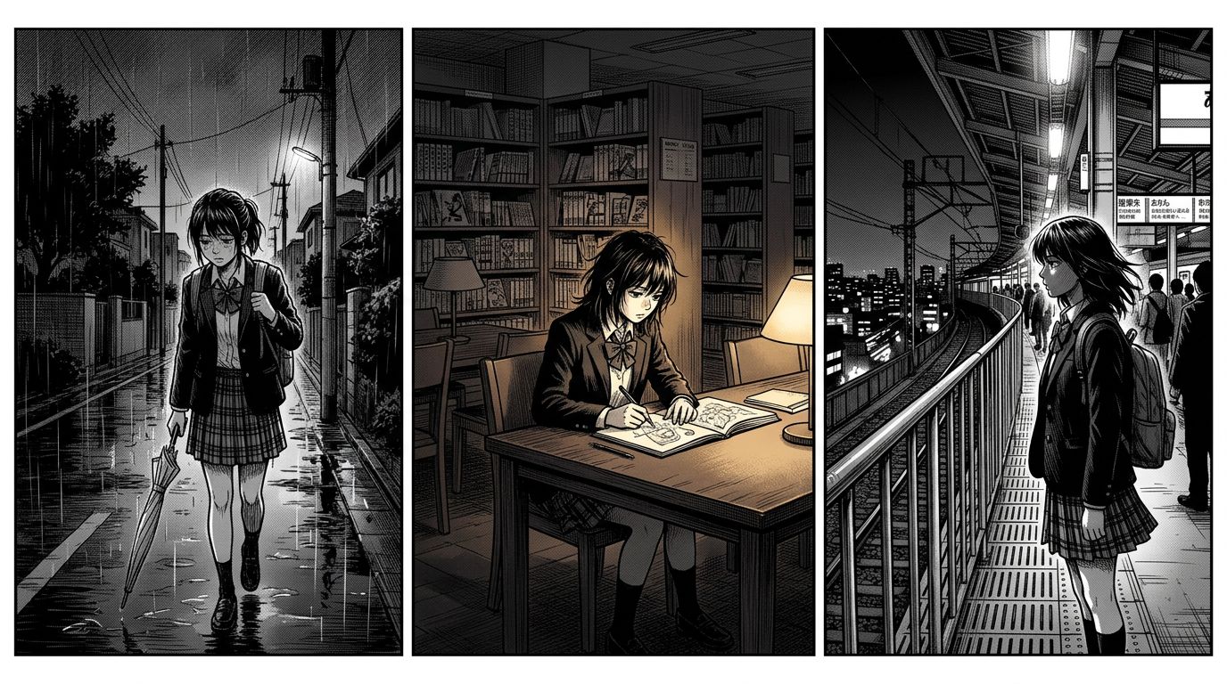 side-by-side comparison of a manga panel sequence showing consistent character across three panels