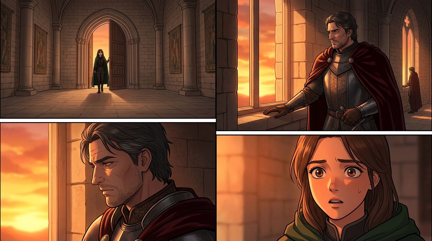 four-panel vertical webtoon sequence showing a fantasy throne room scene with a female character entering and a king standing at a window
