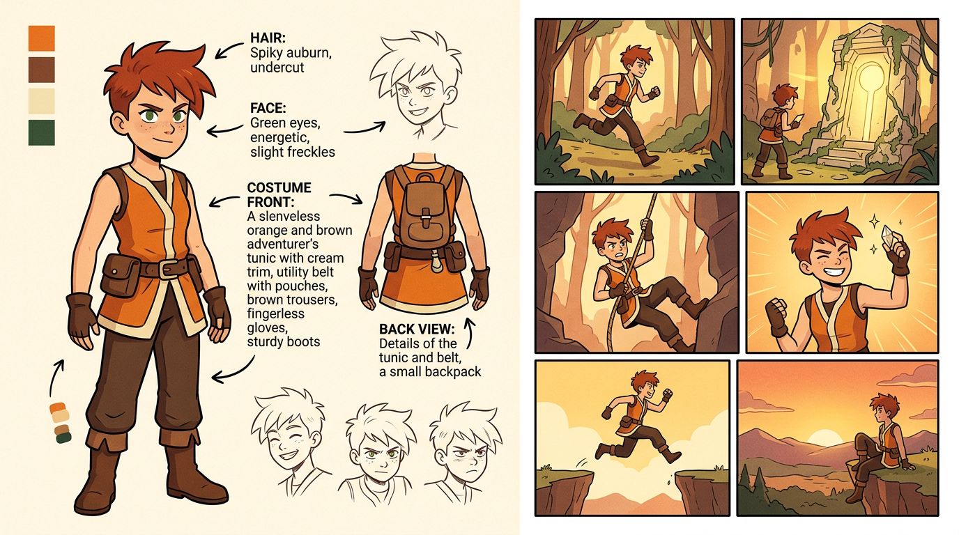 locked character reference sheet next to a 6-panel vertical webtoon episode strip