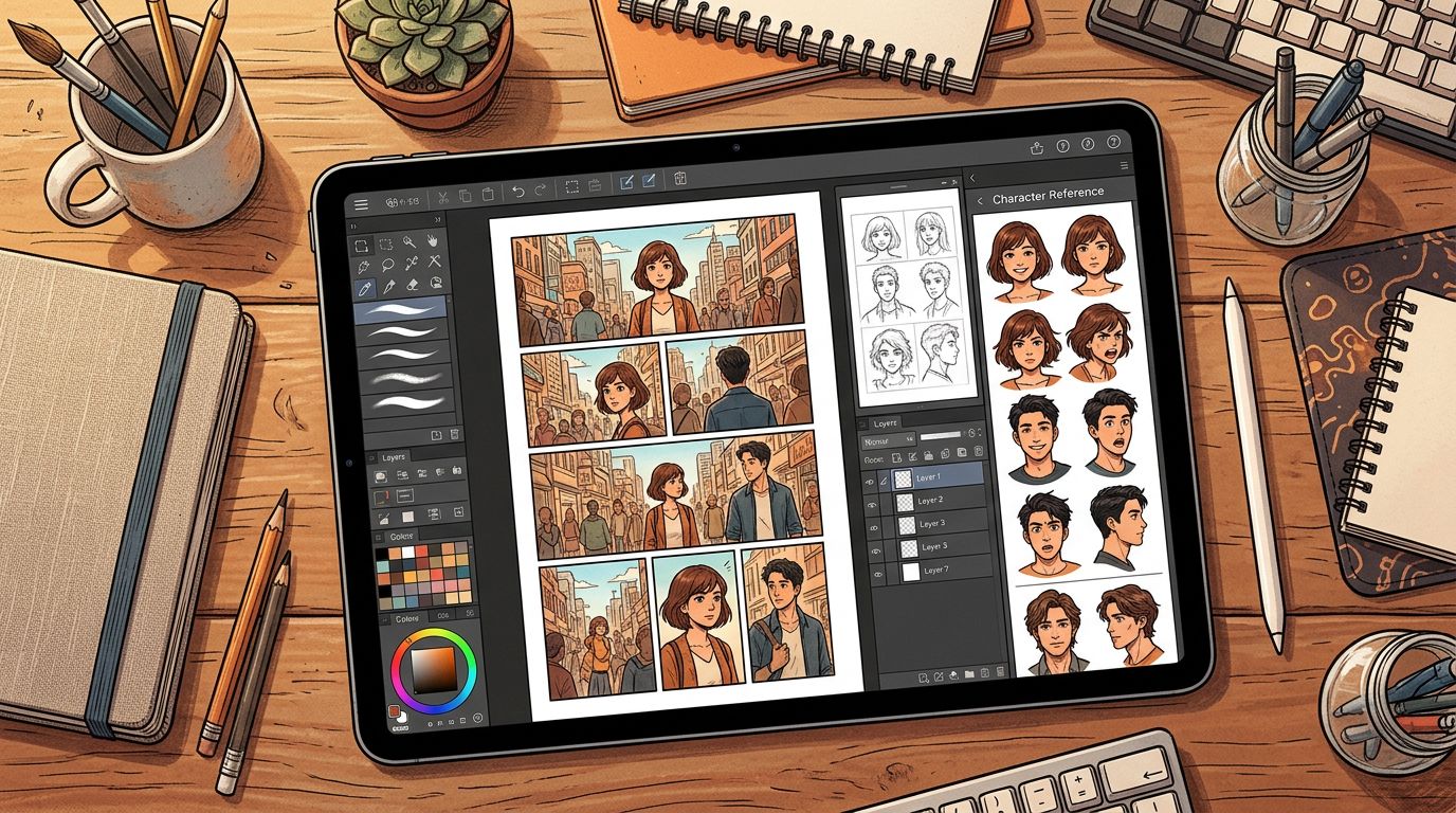 Tablet showing a vertical webtoon panel being edited with a stylus character reference sheet visible in sidebar