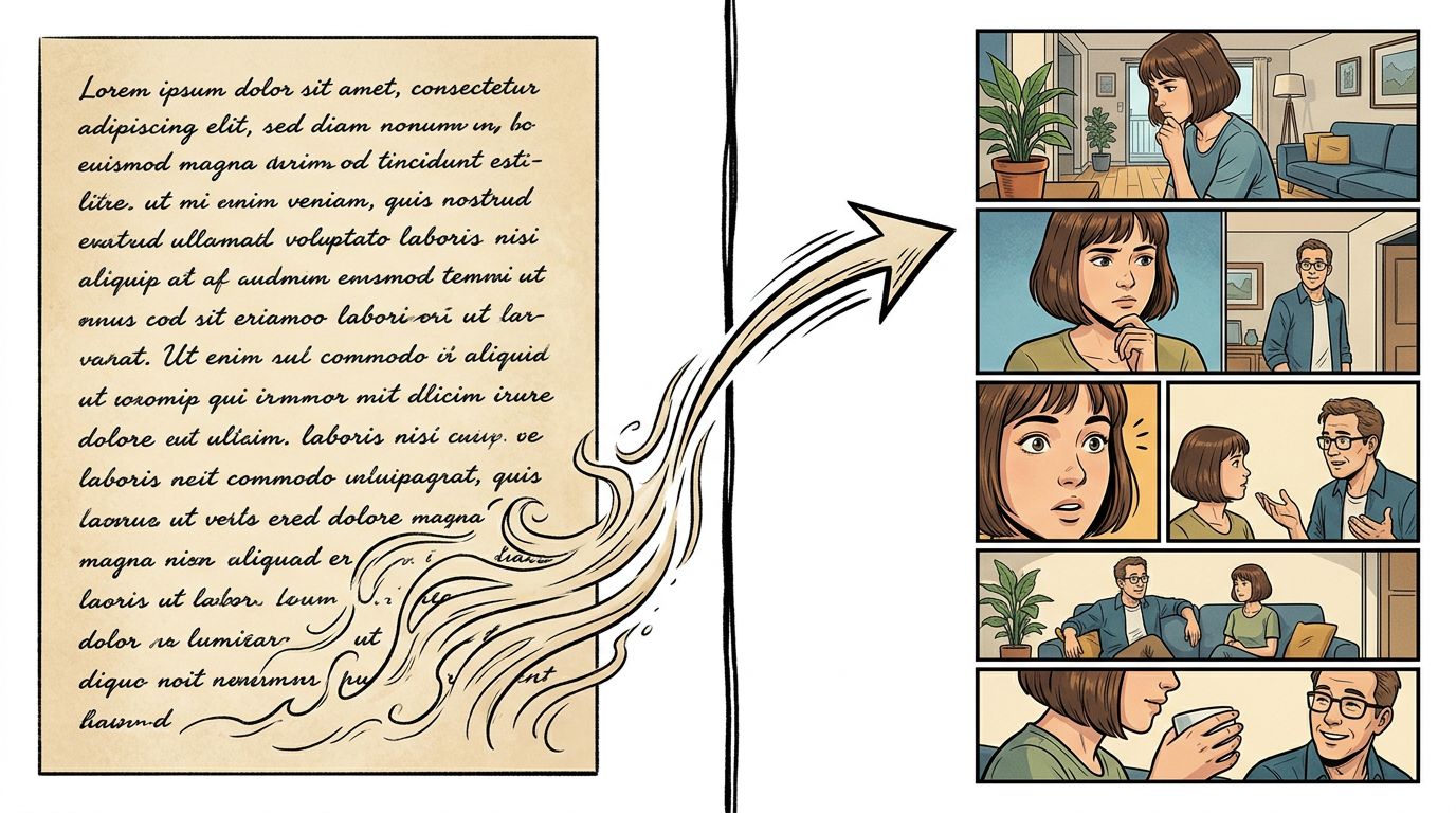 Writer's chapter text being mapped onto a six-panel webtoon storyboard