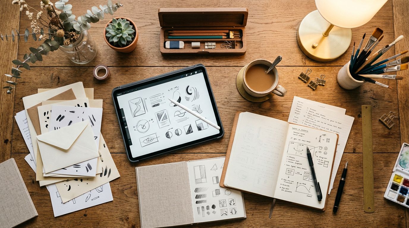 creator's organized production folder showing script documents character reference sheets and dated storyboard sketches spread across a desk