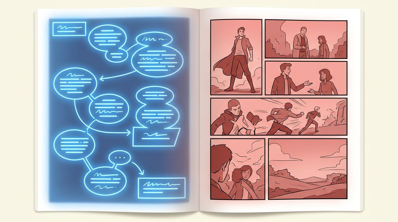 split comic page showing protected text elements highlighted in blue and unprotected AI image panels highlighted in red