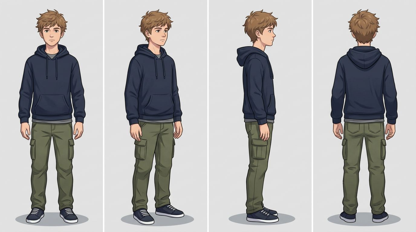 AI-generated character turnaround showing four angles of the same anime-style character