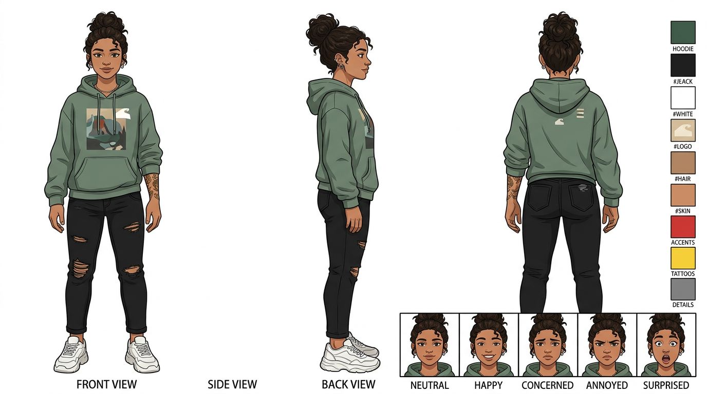 character design sheet with front side back turnaround and expression grid