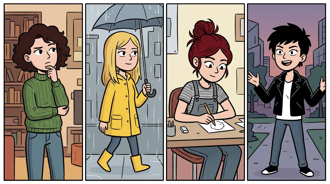 ChatGPT comic script panel breakdown next to inconsistent character art across four panels