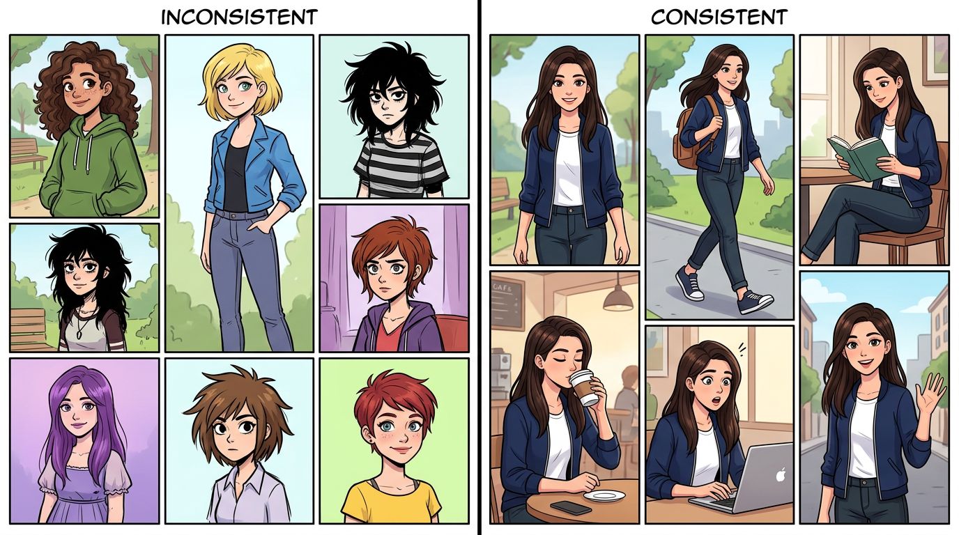 side-by-side comparison of a drifted character across ChatGPT panels versus a locked character model across a webtoon page