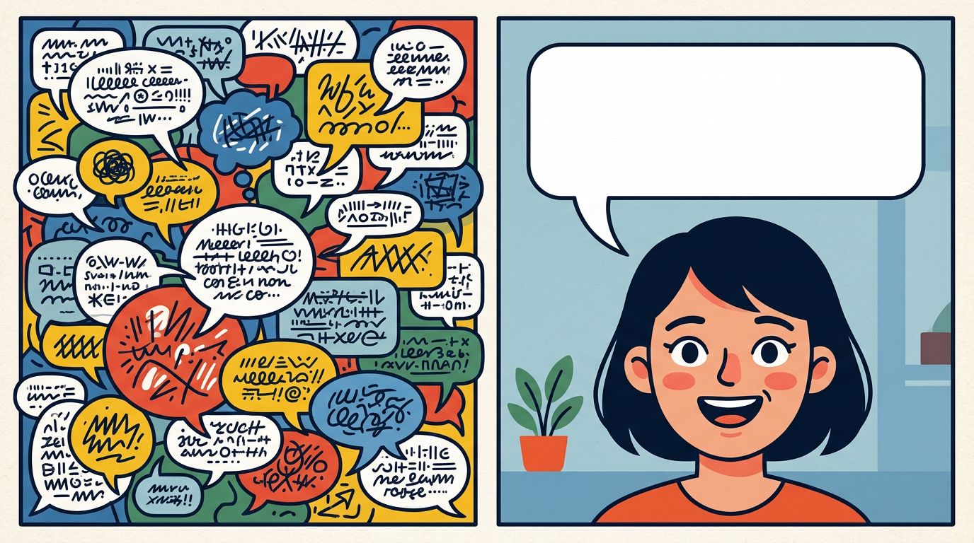 two side-by-side comic panels showing overcrowded vs clean speech bubbles