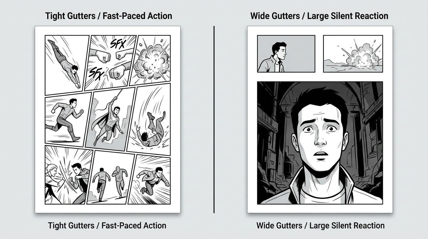 comic page layout diagram showing wide versus narrow gutters between panels
