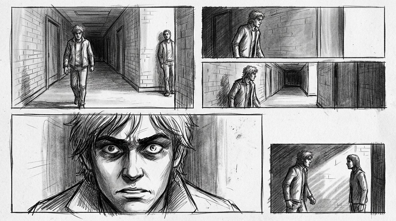 confrontation scene storyboard showing varied panel sizes on a single page