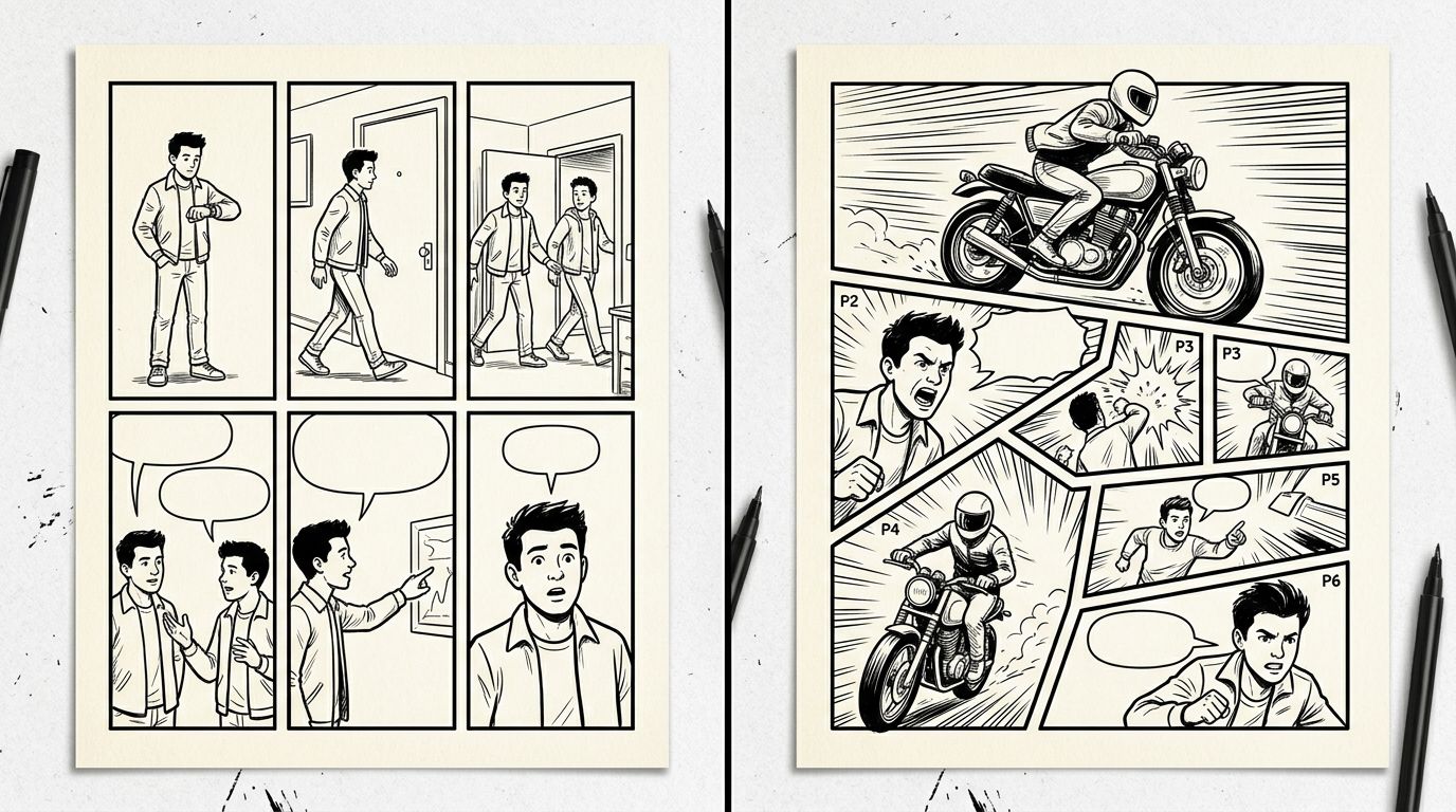 comic page layout comparison showing a rigid six-panel grid next to a dynamic varied-size layout