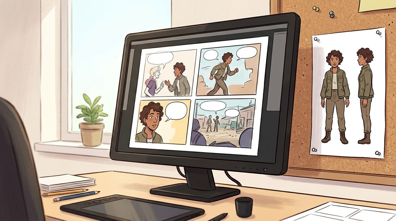 a four-panel comic strip layout on a bright monitor with a character design reference sheet pinned beside it