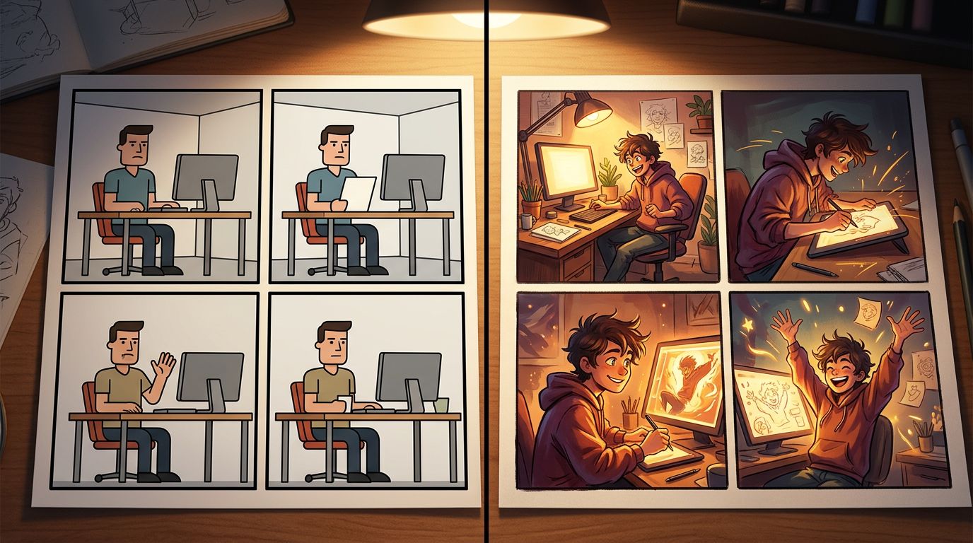 side-by-side comparison of a template comic strip and an AI-generated comic strip on a tablet screen
