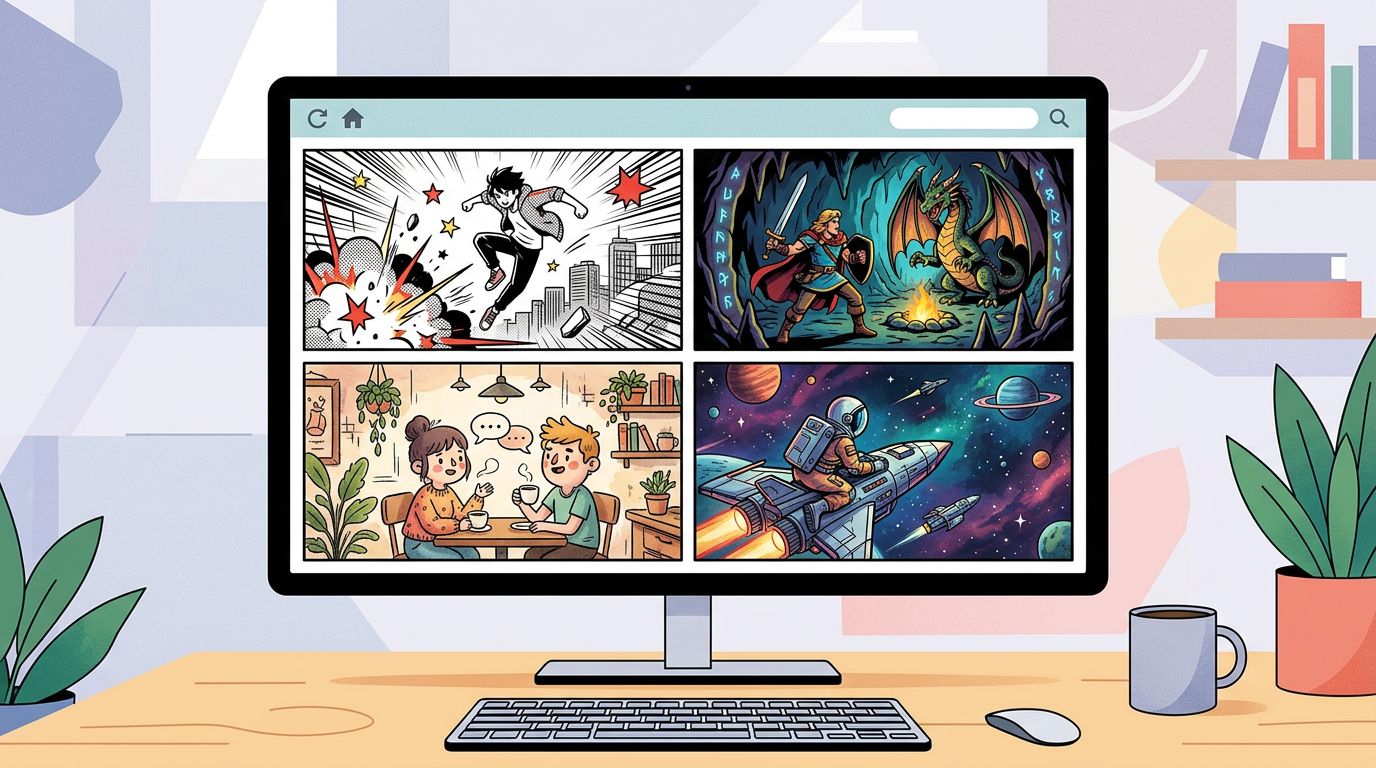 comparison grid of AI comic tool interfaces on a monitor showing different panel styles