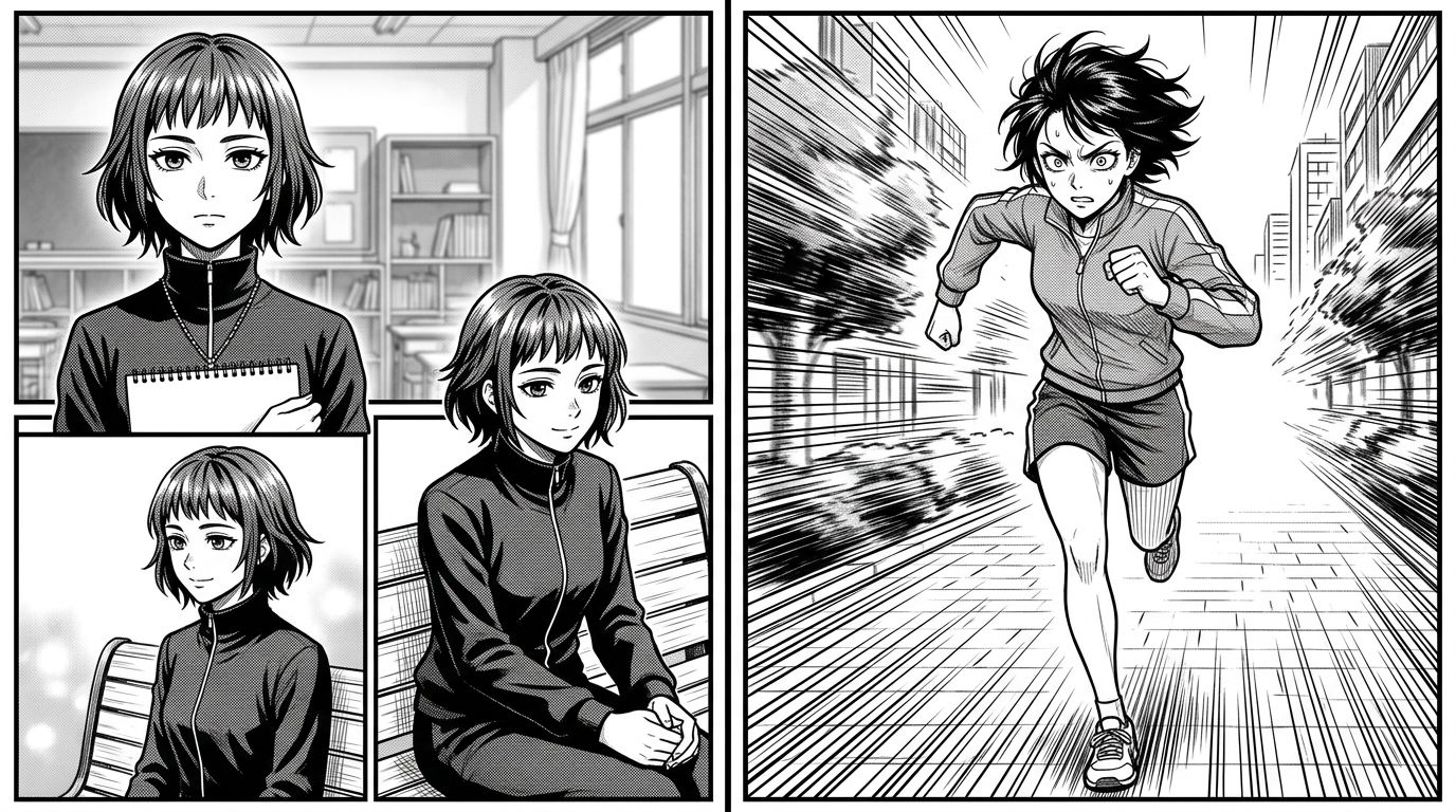 side-by-side manga panels showing character consistency success and failure