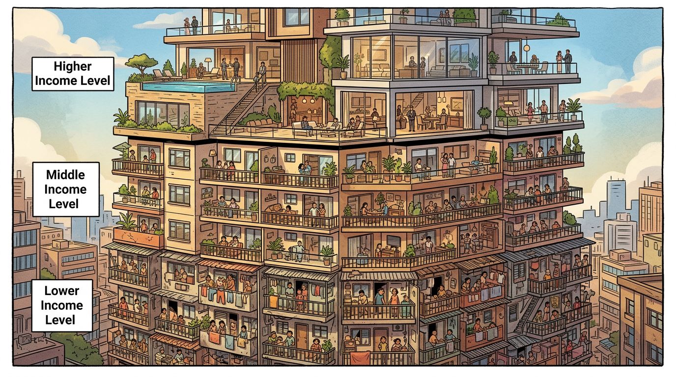 bar chart style comic panel showing income tiers from zero to originals contract level