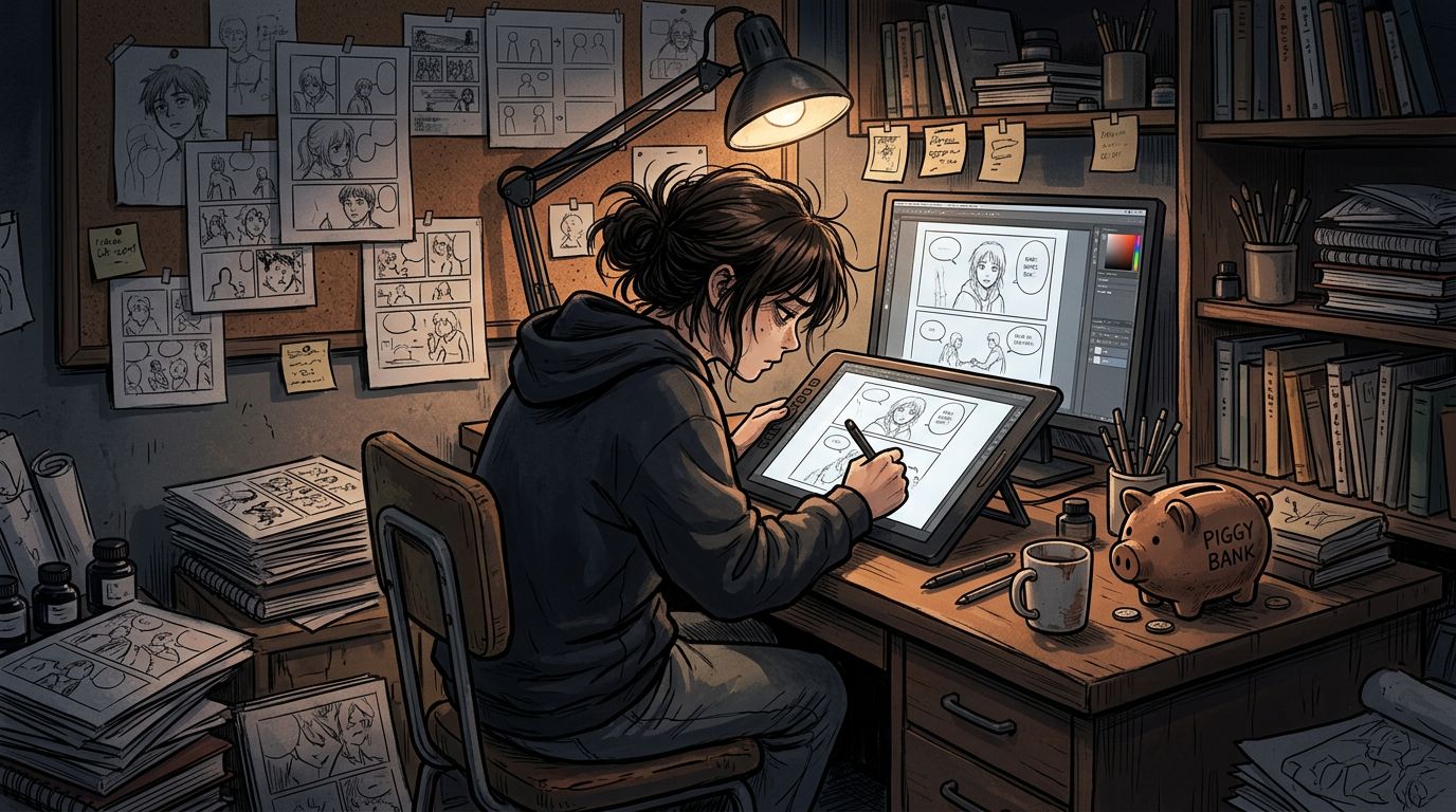 comic creator looking exhausted at a desk with a calendar showing missed deadlines and a small coin on the table