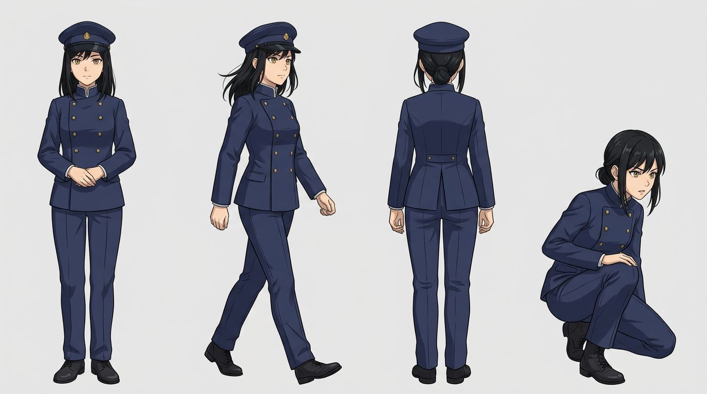 character consistency reference sheet for a webtoon showing the same manga-style character from multiple angles