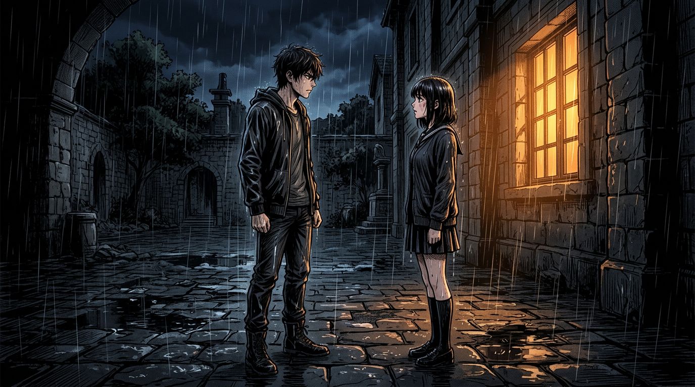 enemies-to-lovers fan comic panel breakdown rainy courtyard scene