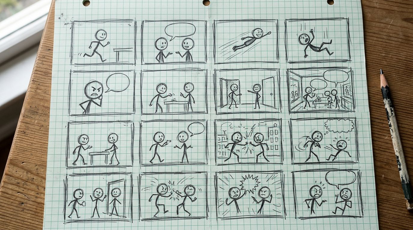 rough comic storyboard thumbnails on graph paper showing panel layouts and stick figures